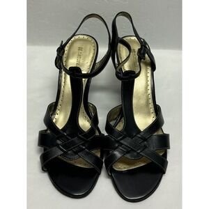Naturalizer Women's Black Leather‎ Woven T-Strap Wedge Heel Sandals